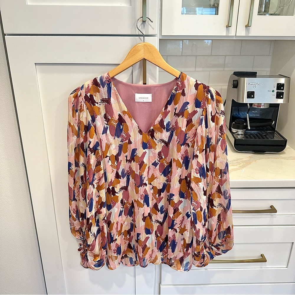Adrienne Pink/Purple/Rusty Orange Abstract Blouse w. beautiful golden threads